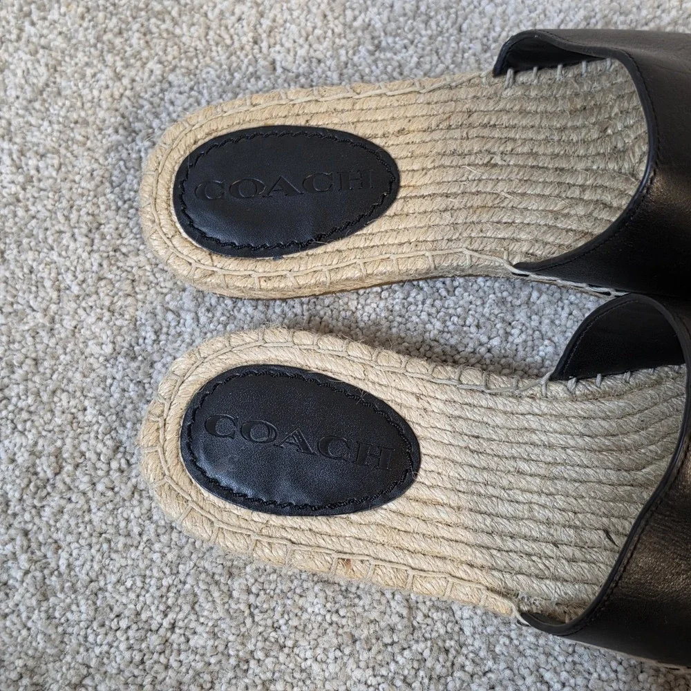 COACH Women's Camille Espadrill Black Leather Jute Footbed Sandals Shoes 7